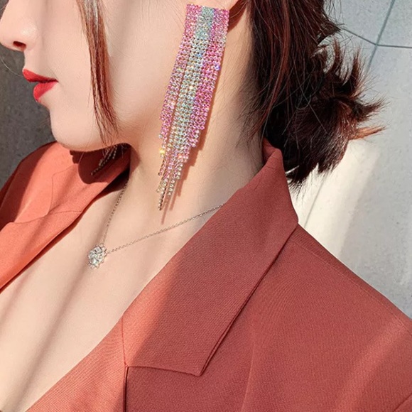 Pink Blue Rhinestone Long Drop Earrings - Picture 2 of 6